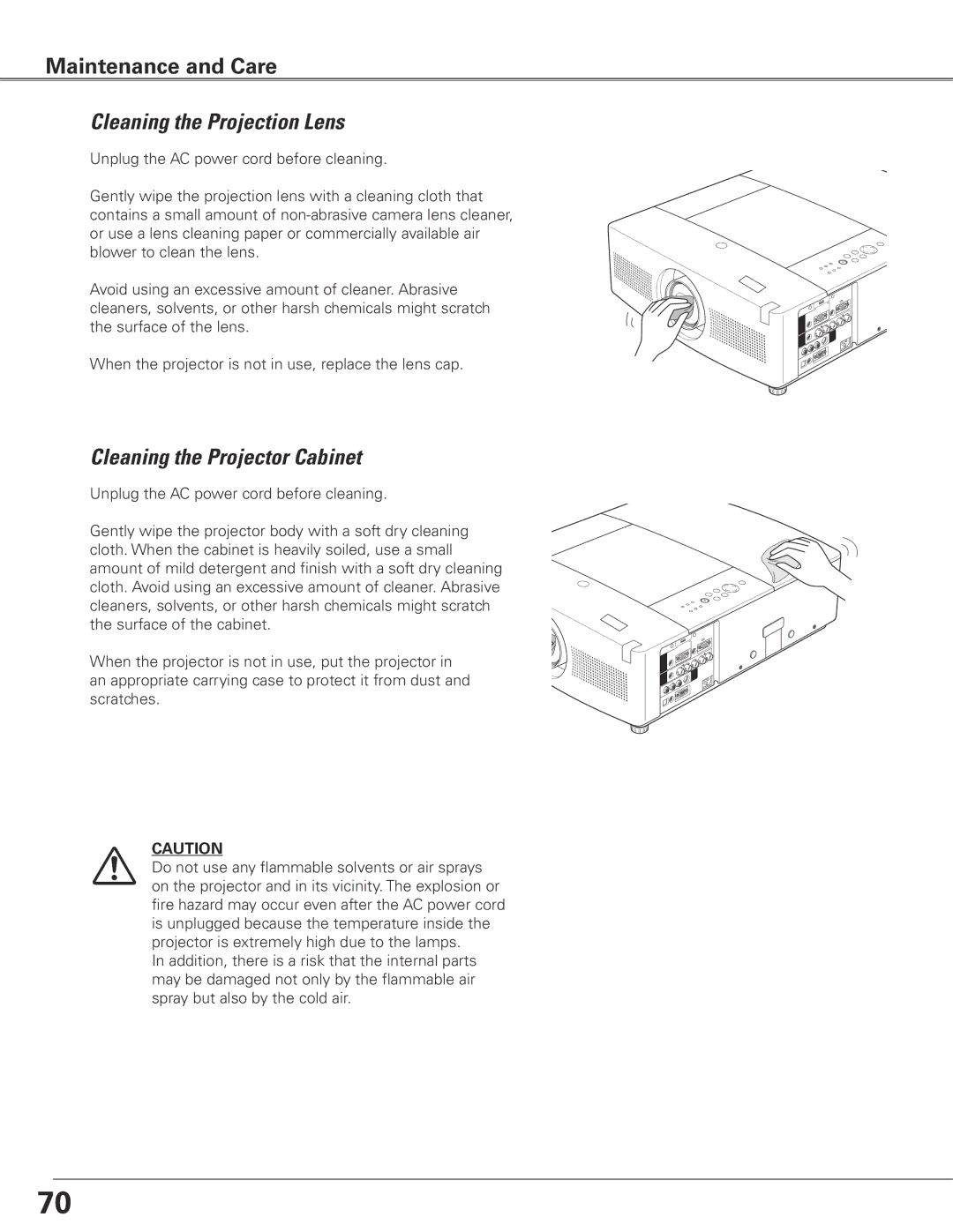 Sanyo WTC500L owner manual Cleaning the Projection Lens, Cleaning the Projector Cabinet 