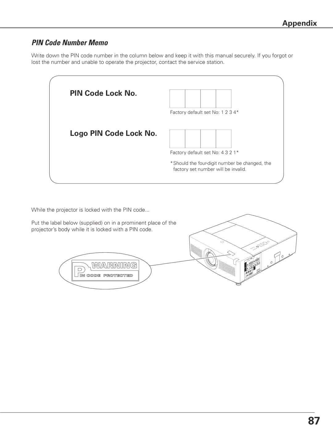 Sanyo WTC500L owner manual PIN Code Number Memo, Logo PIN Code Lock No 