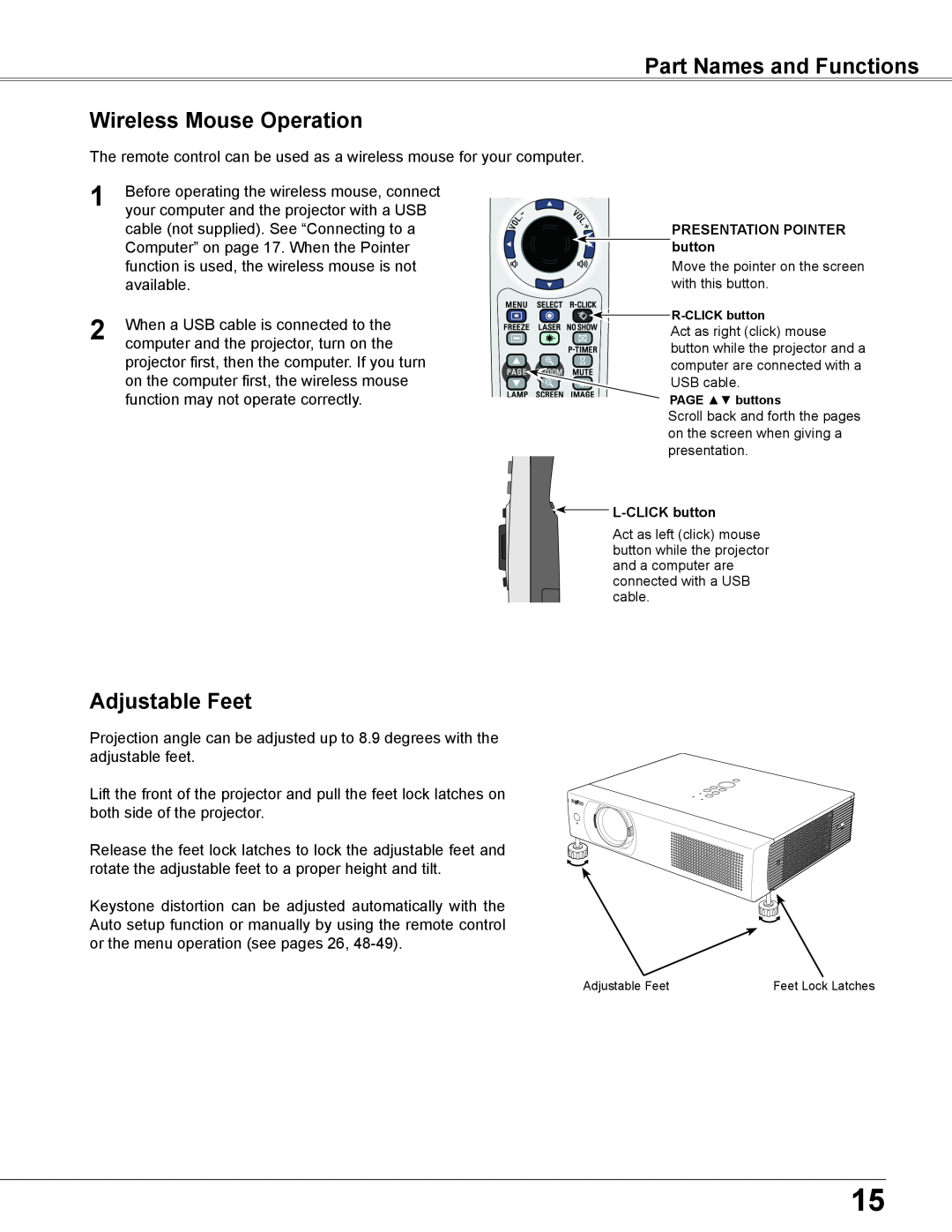 Sanyo WXU700A owner manual Part Names and Functions Wireless Mouse Operation, Adjustable Feet 