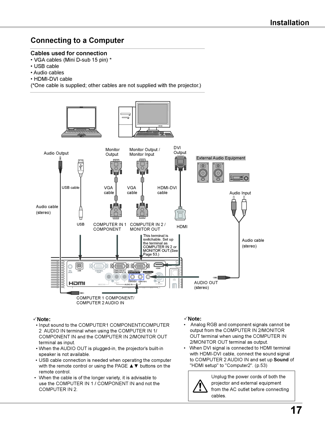 Sanyo WXU700A owner manual Installation Connecting to a Computer, Cables used for connection, Note 