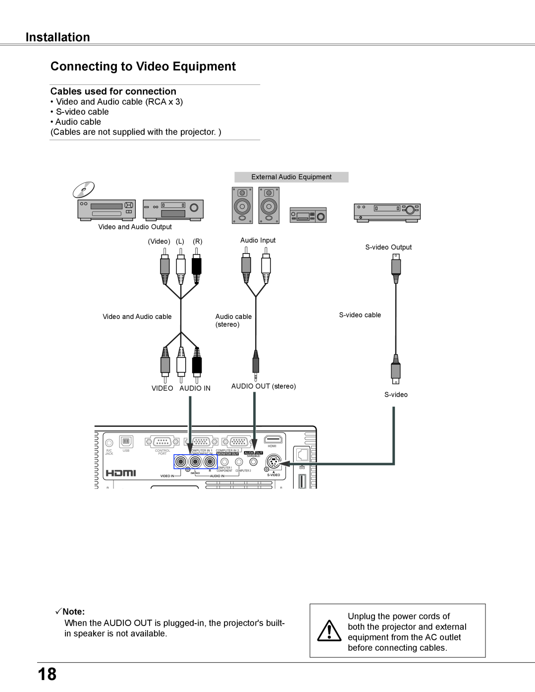 Sanyo WXU700A owner manual Installation Connecting to Video Equipment, Cables used for connection, Note 