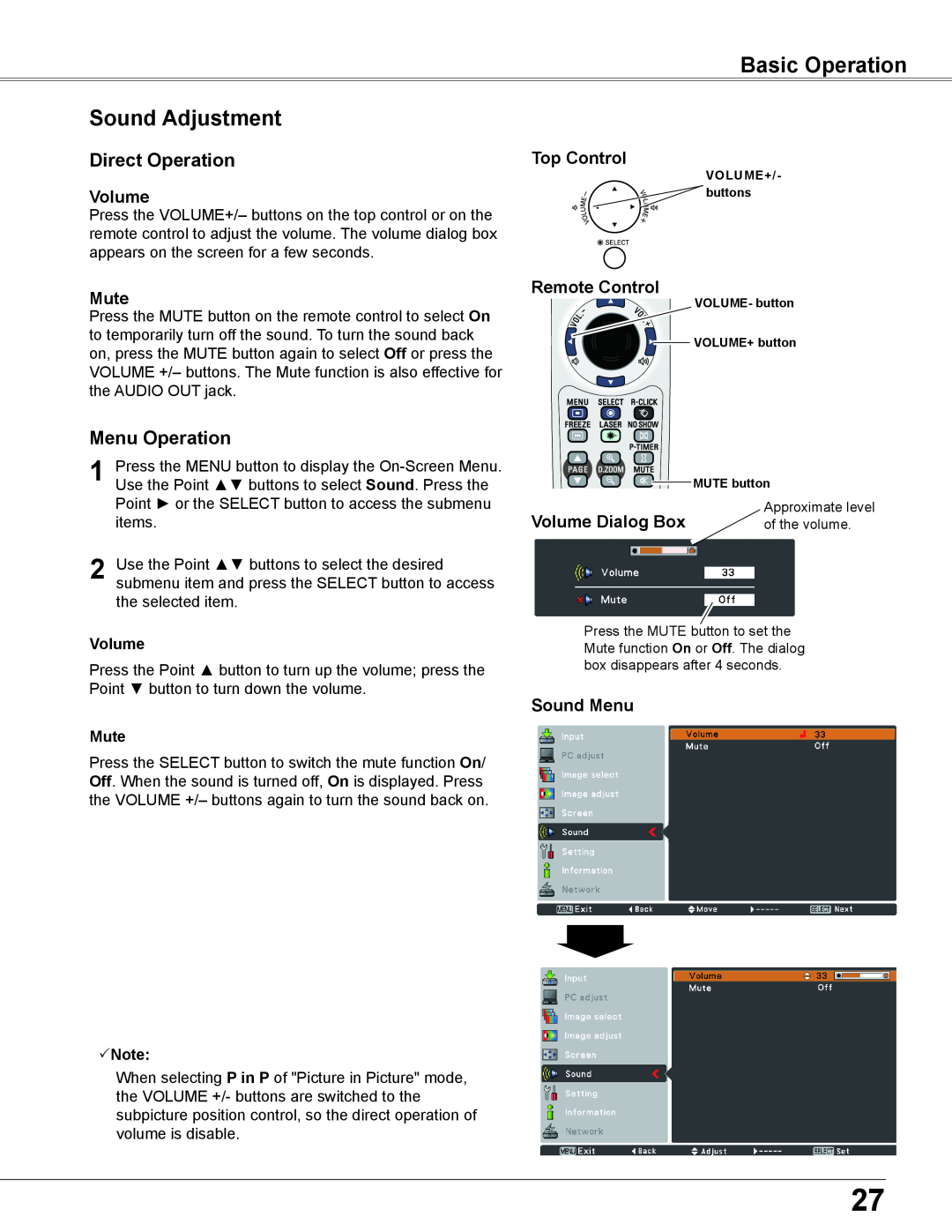 Sanyo WXU700A Sound Adjustment, Direct Operation, Menu Operation, Mute, Volume Dialog Box, Sound Menu, Basic Operation 