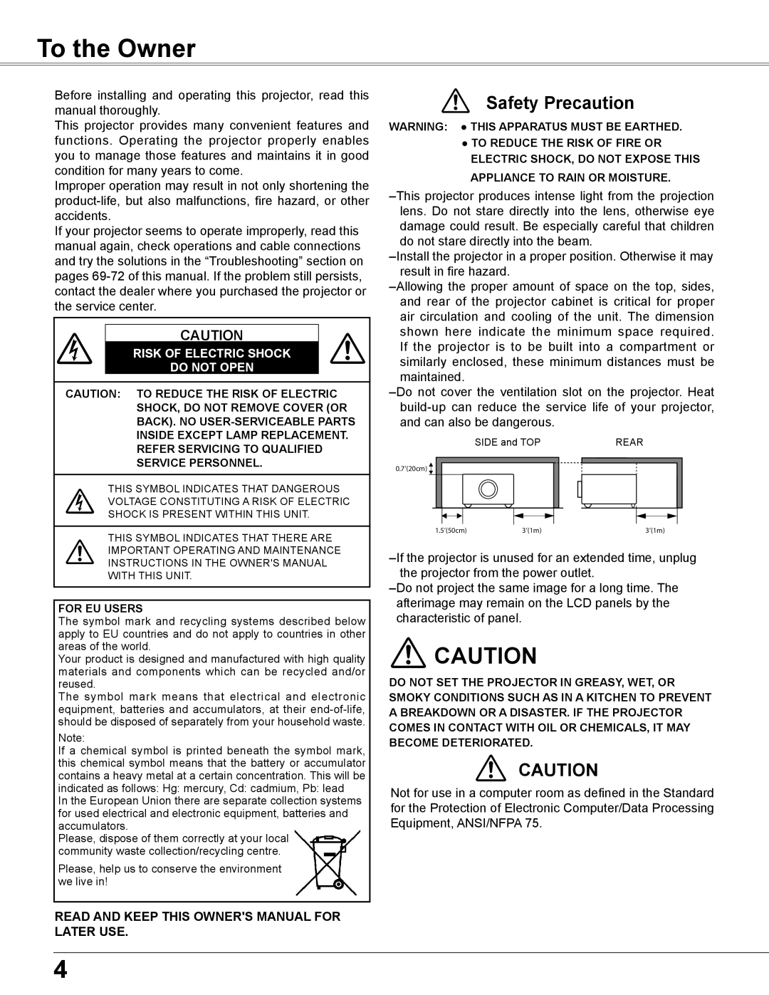 Sanyo WXU700A owner manual To the Owner, Safety Precaution, Risk Of Electric Shock Do Not Open 
