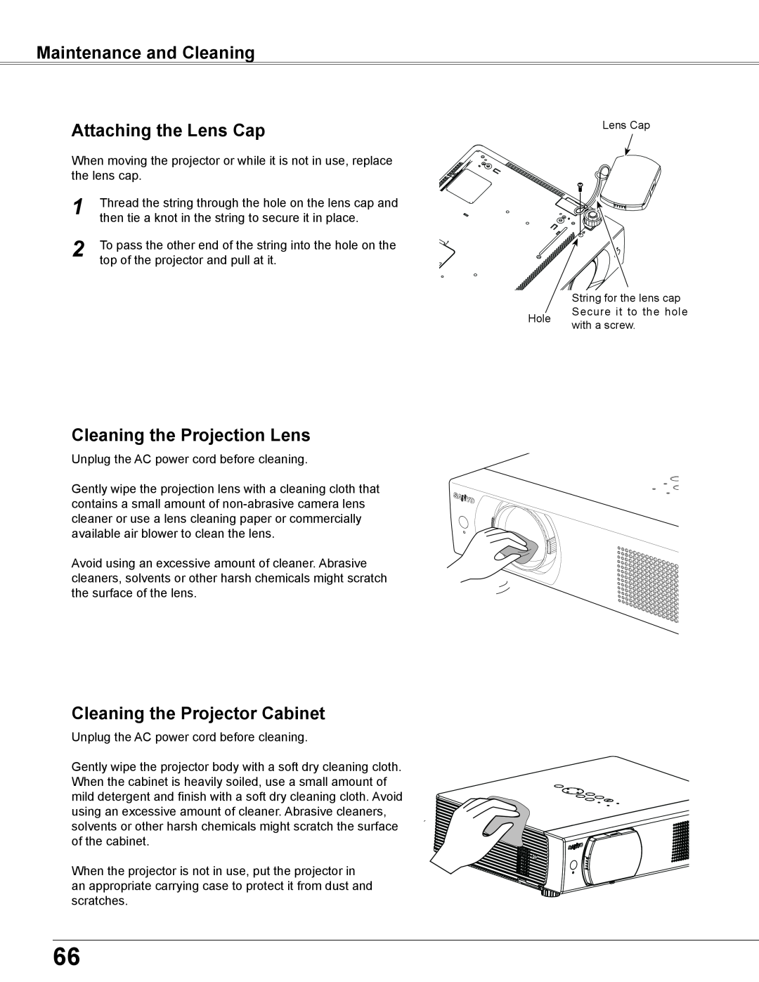 Sanyo WXU700A owner manual Maintenance and Cleaning Attaching the Lens Cap, Cleaning the Projection Lens 