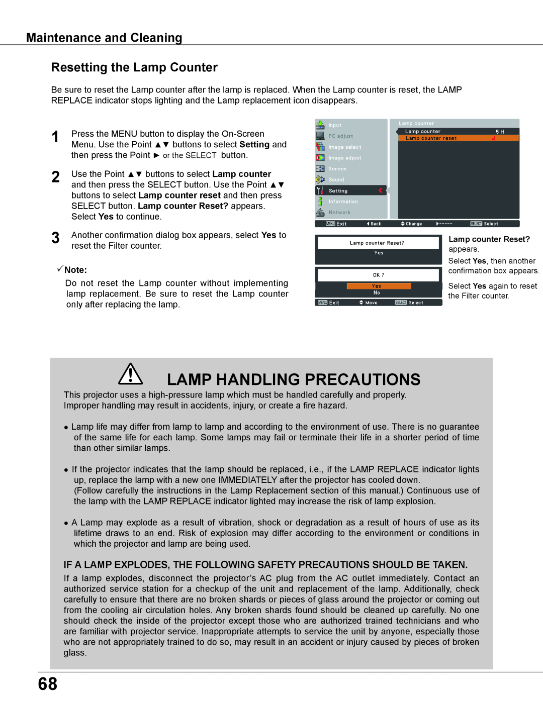 Sanyo WXU700A owner manual Lamp Handling Precautions, Resetting the Lamp Counter, Maintenance and Cleaning, Note 