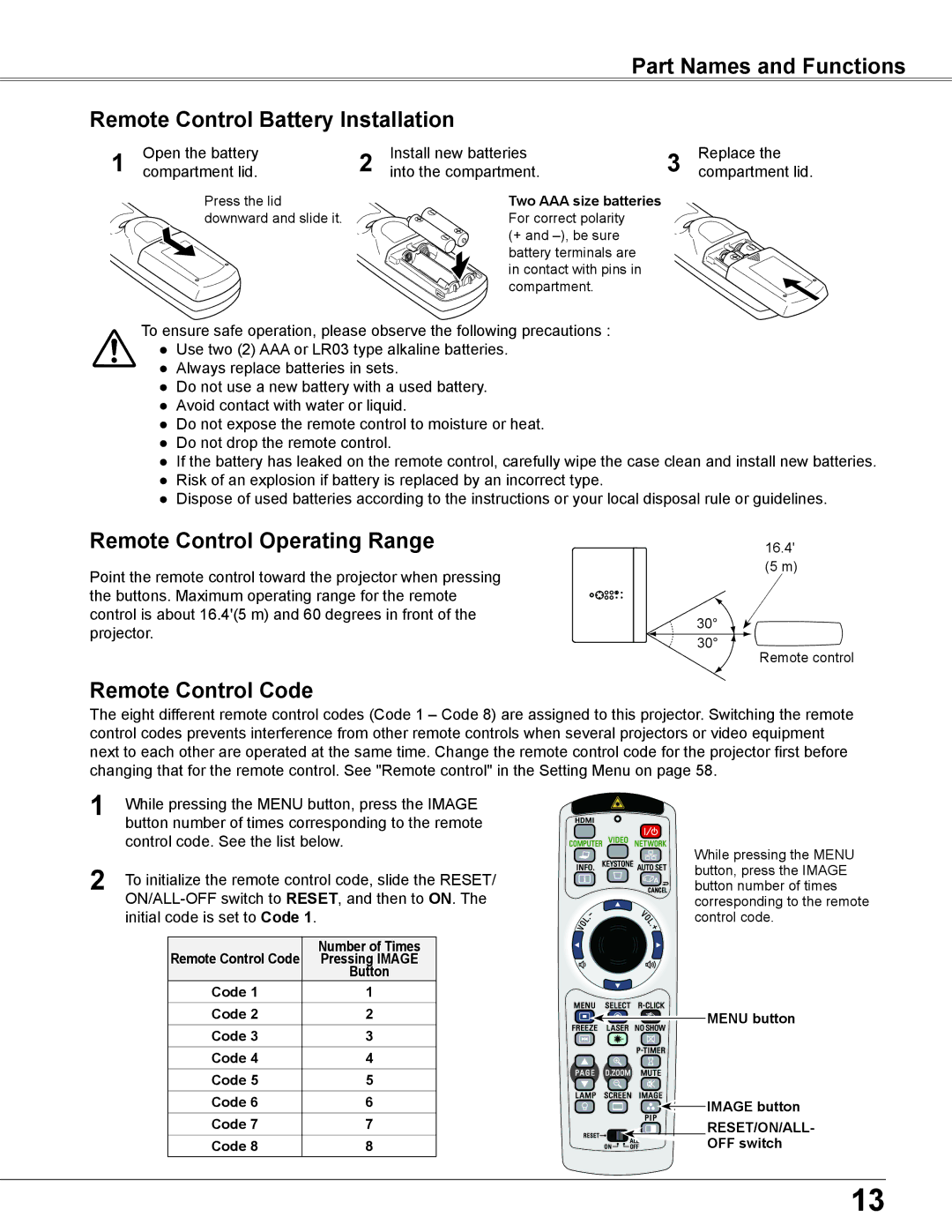 Sanyo WXU700A owner manual Remote Control Operating Range, Remote Control Code 