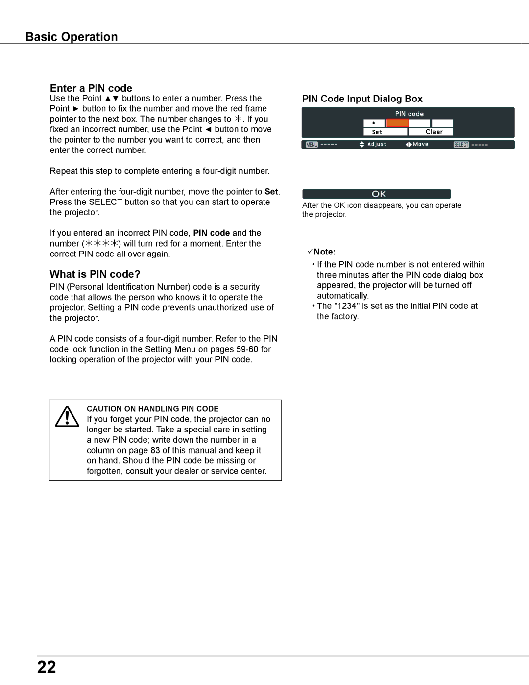 Sanyo WXU700A owner manual Basic Operation, PIN Code Input Dialog Box 