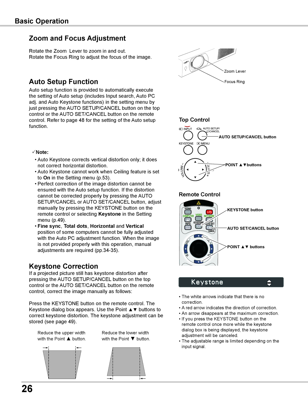 Sanyo WXU700A owner manual Basic Operation Zoom and Focus Adjustment, Auto Setup Function, Keystone Correction 