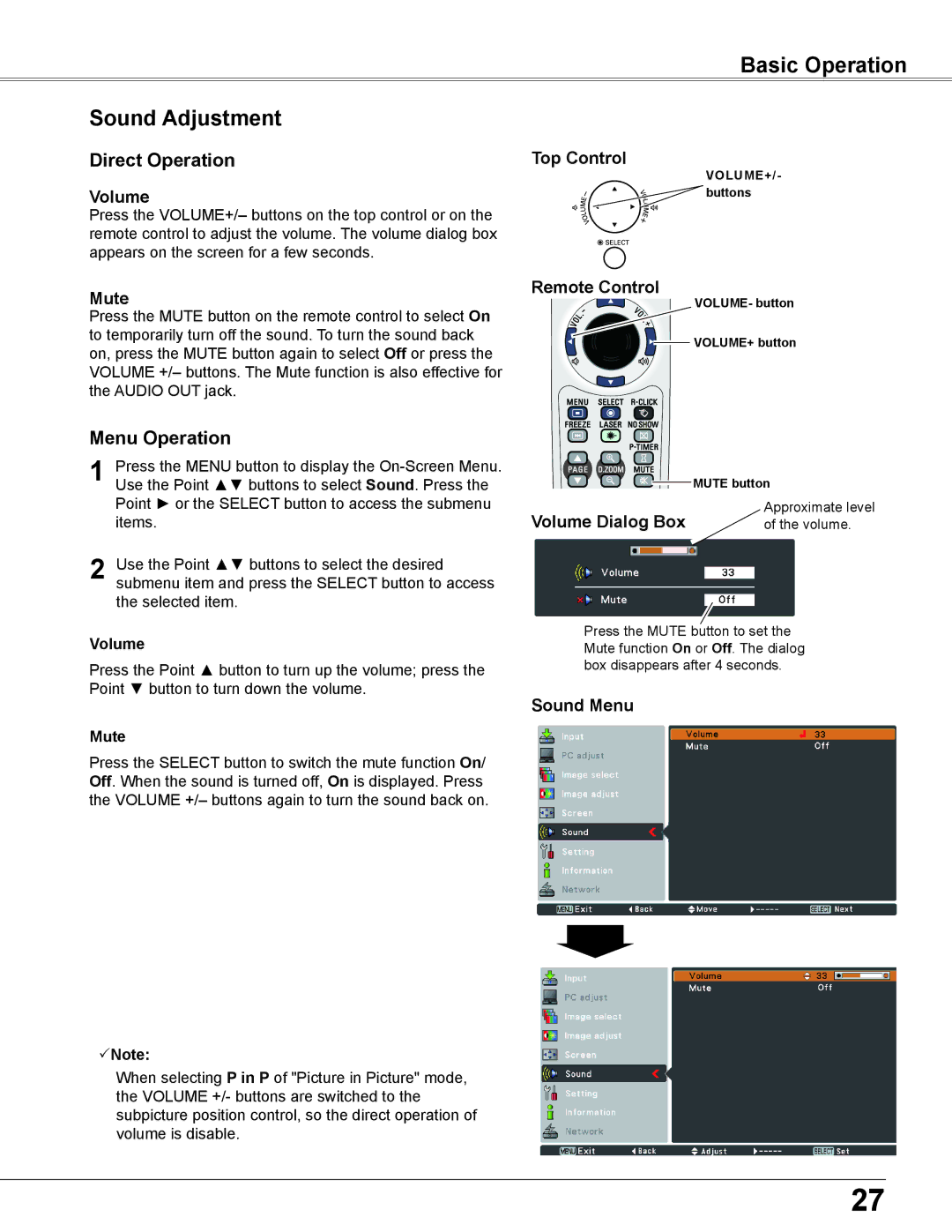 Sanyo WXU700A owner manual Basic Operation Sound Adjustment, Mute, Volume Dialog Box, Sound Menu 