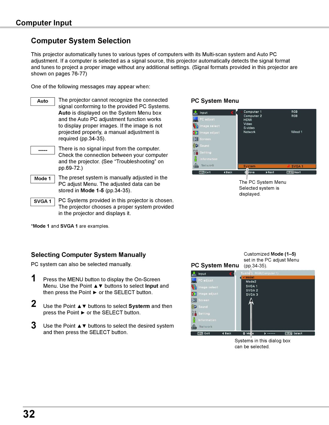 Sanyo WXU700A owner manual Computer Input Computer System Selection, PC System Menu pp.34-35, Auto Mode 