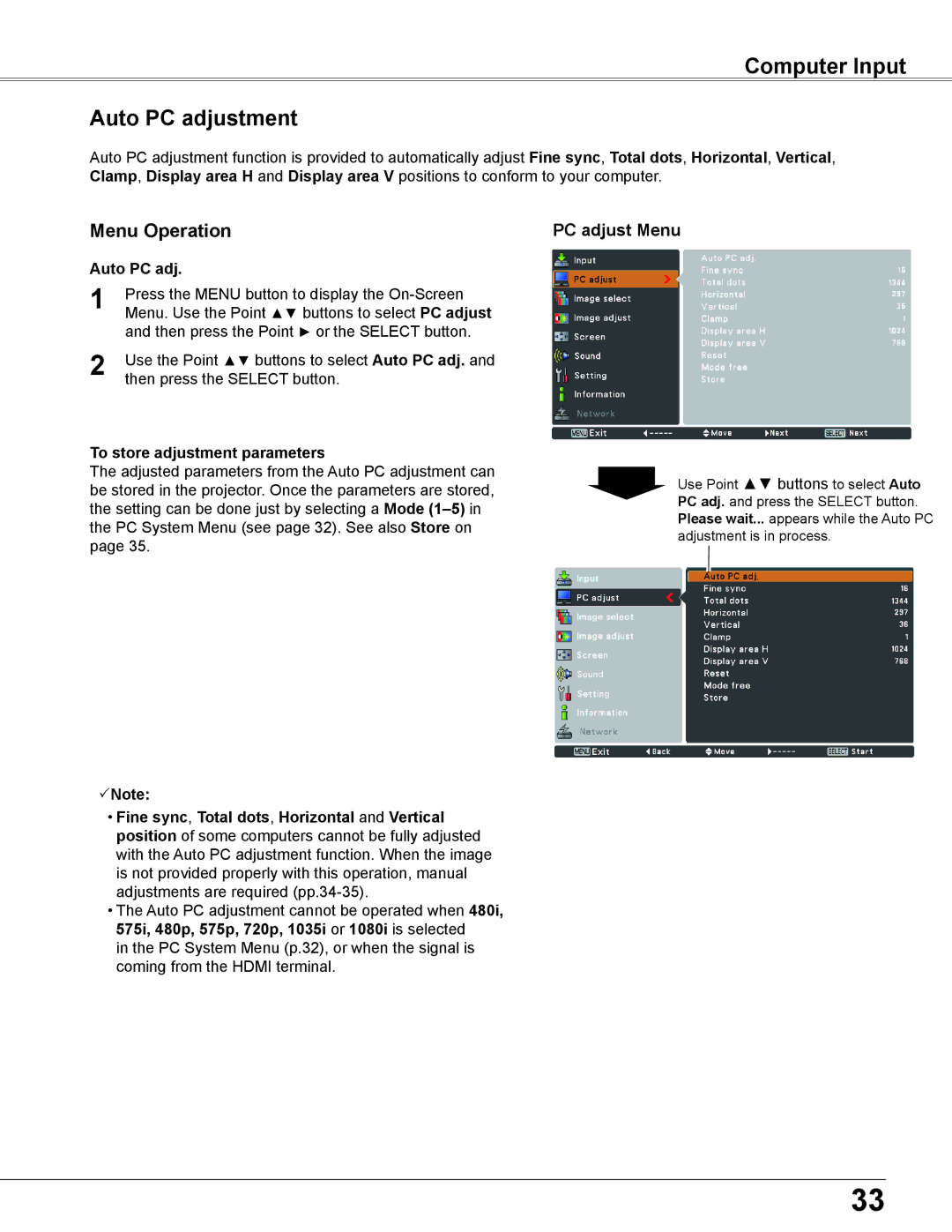 Sanyo WXU700A owner manual Computer Input Auto PC adjustment, PC adjust Menu, To store adjustment parameters 