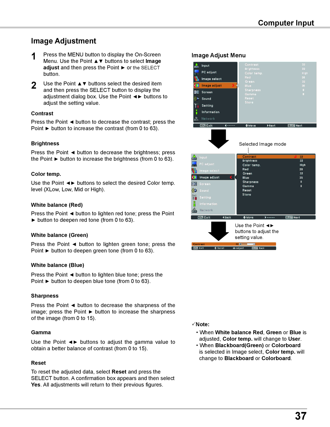 Sanyo WXU700A owner manual Computer Input Image Adjustment, Image Adjust Menu 