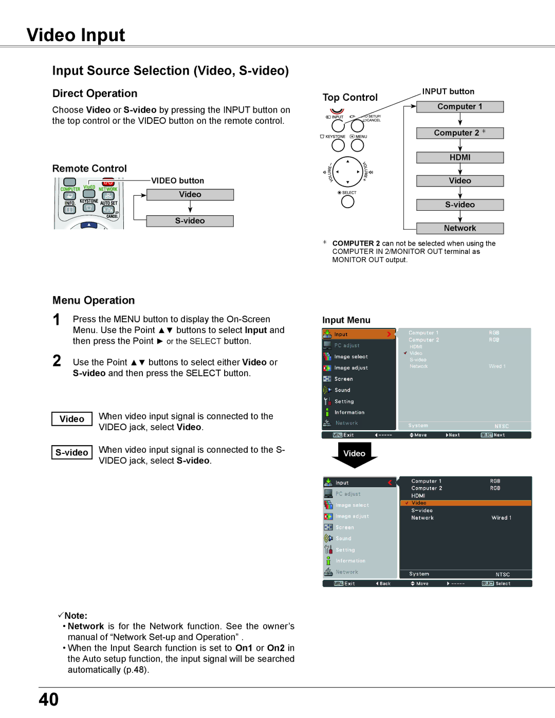 Sanyo WXU700A owner manual Video Input, Input Source Selection Video, S-video, Video button 