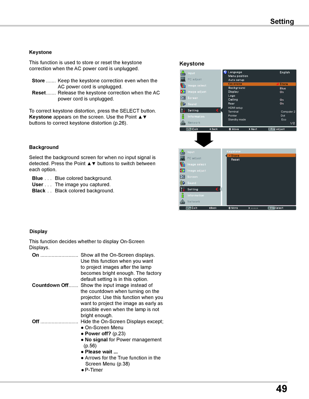 Sanyo WXU700A owner manual Keystone, Background, Display, Countdown Off, Power off? p.23, Please wait 