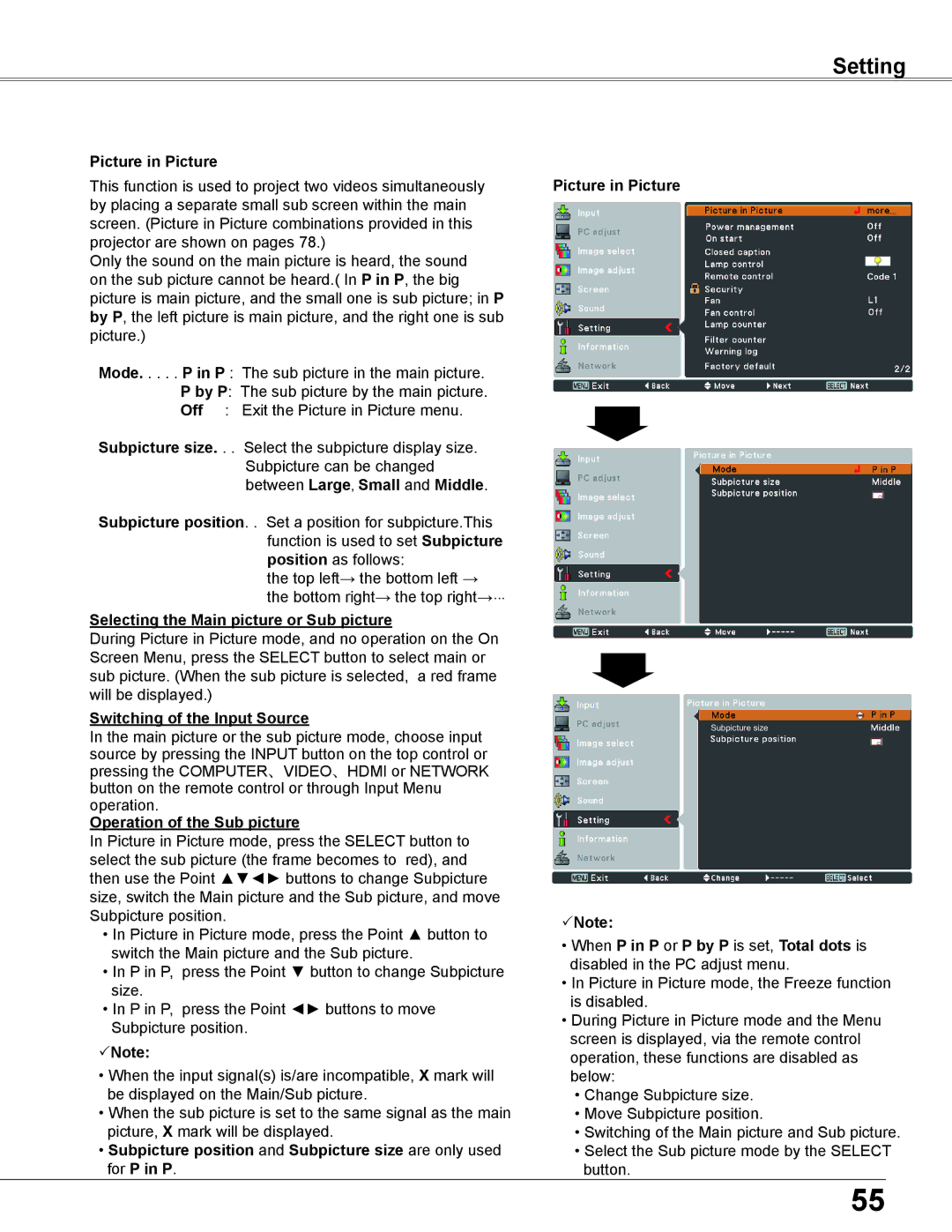 Sanyo WXU700A owner manual Picture in Picture, Selecting the Main picture or Sub picture, Switching of the Input Source 