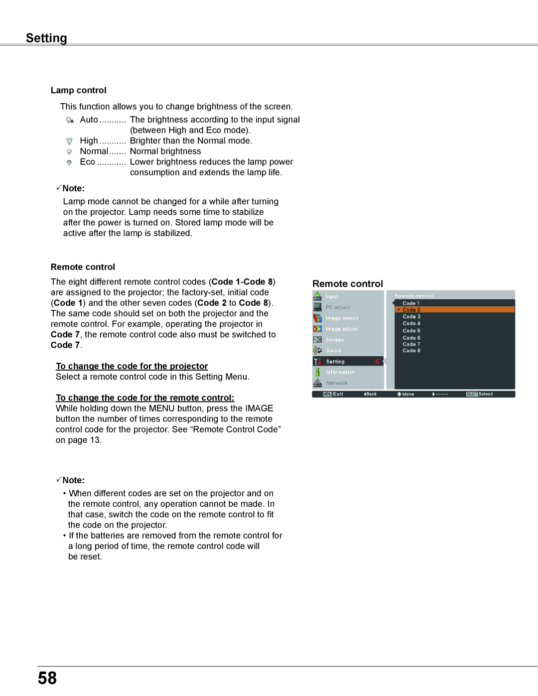 Sanyo WXU700A owner manual Lamp control, Remote control, To change the code for the projector 