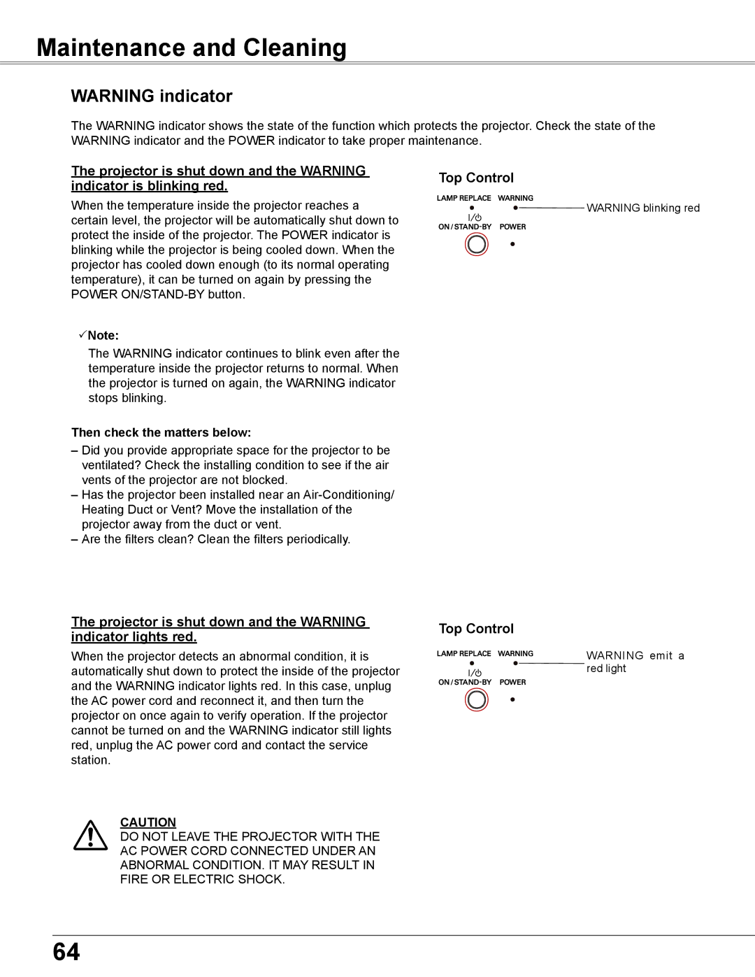 Sanyo WXU700A owner manual Maintenance and Cleaning, Projector is shut down and the Warning, Indicator is blinking red 