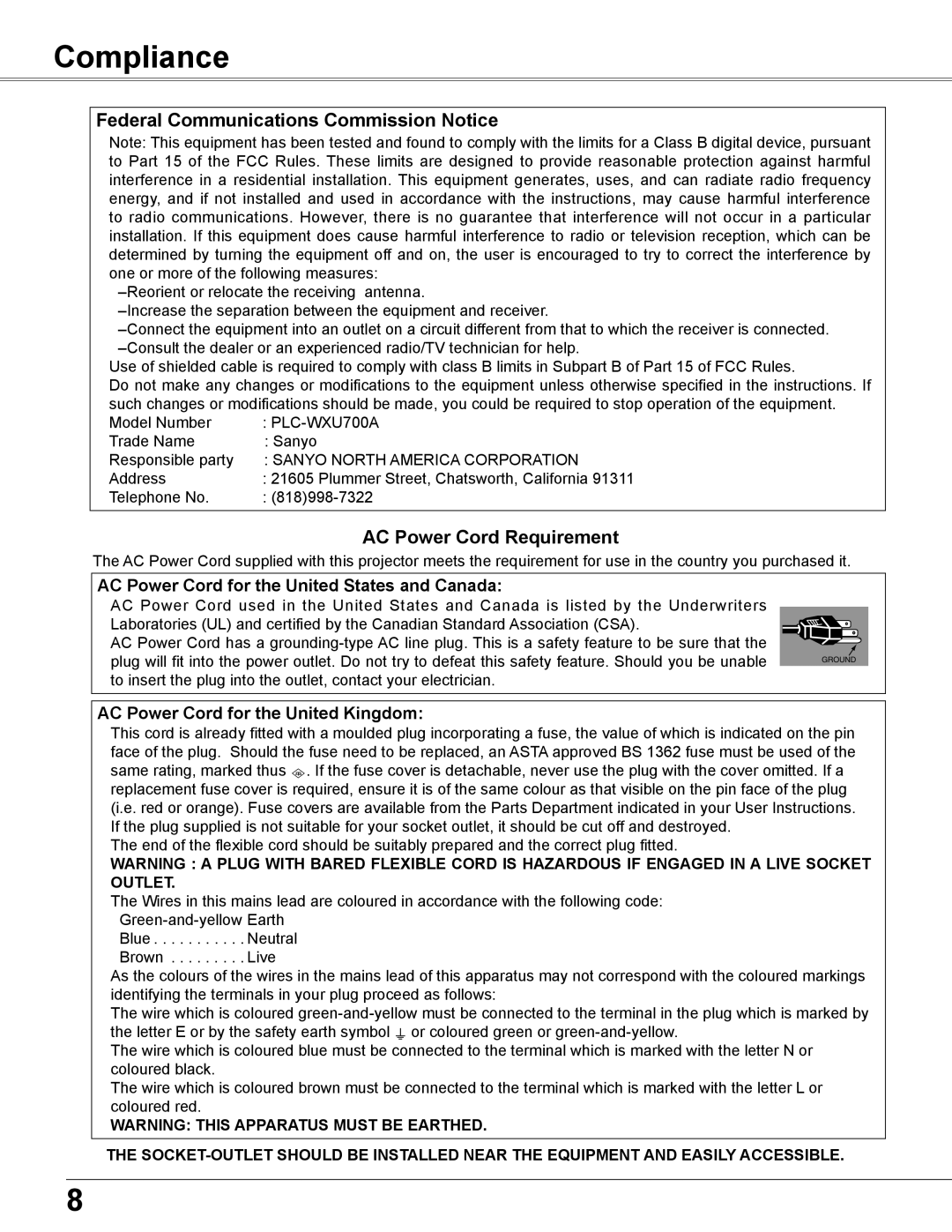 Sanyo WXU700A owner manual Compliance, AC Power Cord for the United States and Canada, AC Power Cord for the United Kingdom 