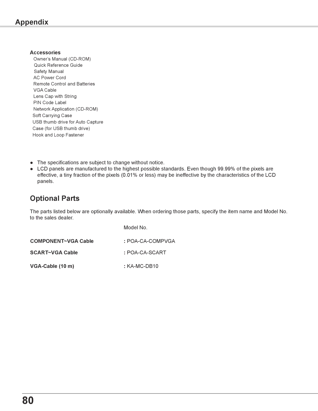 Sanyo WXU700A owner manual Optional Parts 