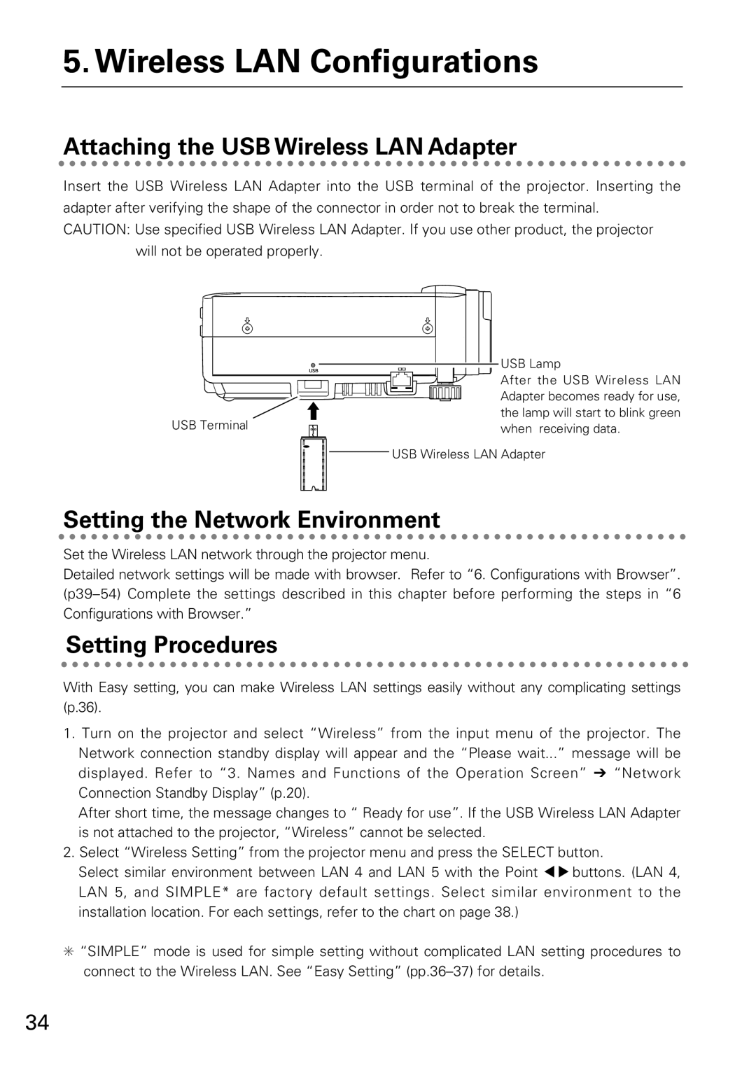 Sanyo XG-705A Wireless LAN Configurations, Attaching the USB Wireless LAN Adapter, Setting the Network Environment 