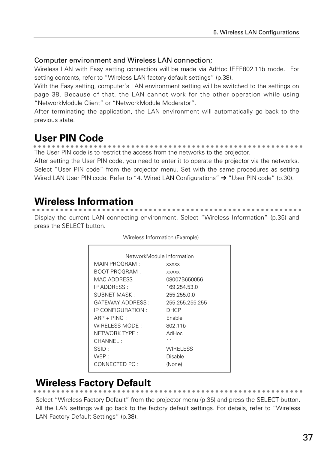 Sanyo XG-705A owner manual Wireless Information, Wireless Factory Default, Computer environment and Wireless LAN connection 