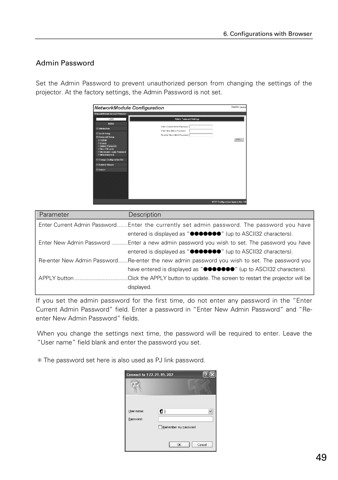 Sanyo XG-705A owner manual Admin Password, Have entered is displayed as up to ASCII32 characters 