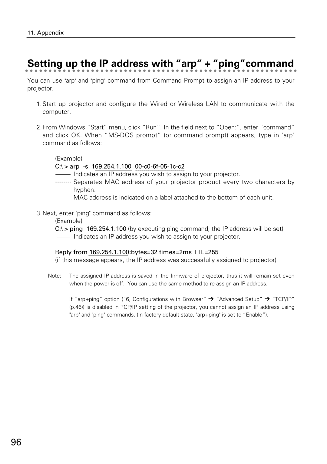 Sanyo XG-705A owner manual Setting up the IP address with arp + pingcommand 