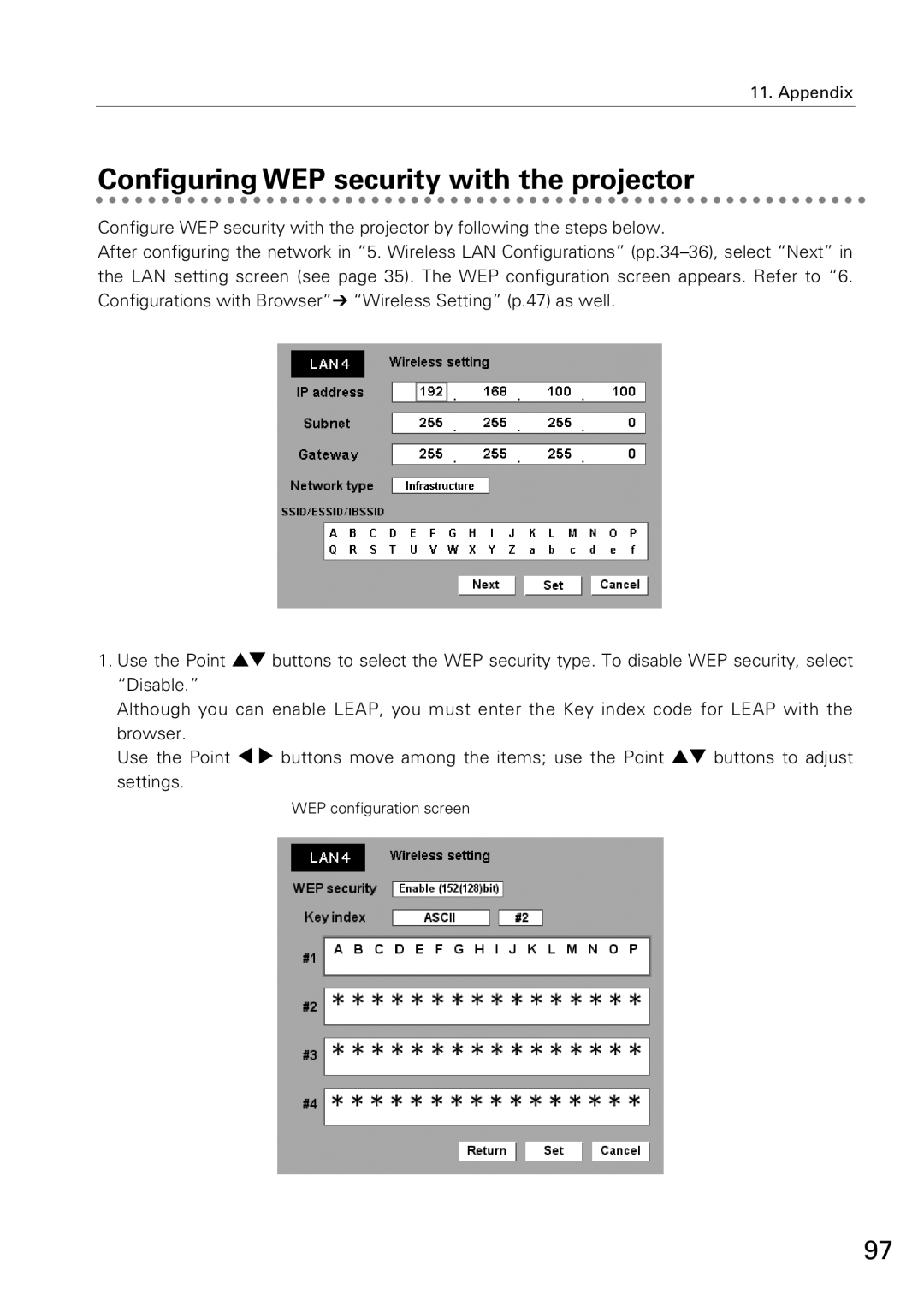 Sanyo XG-705A owner manual Configuring WEP security with the projector 