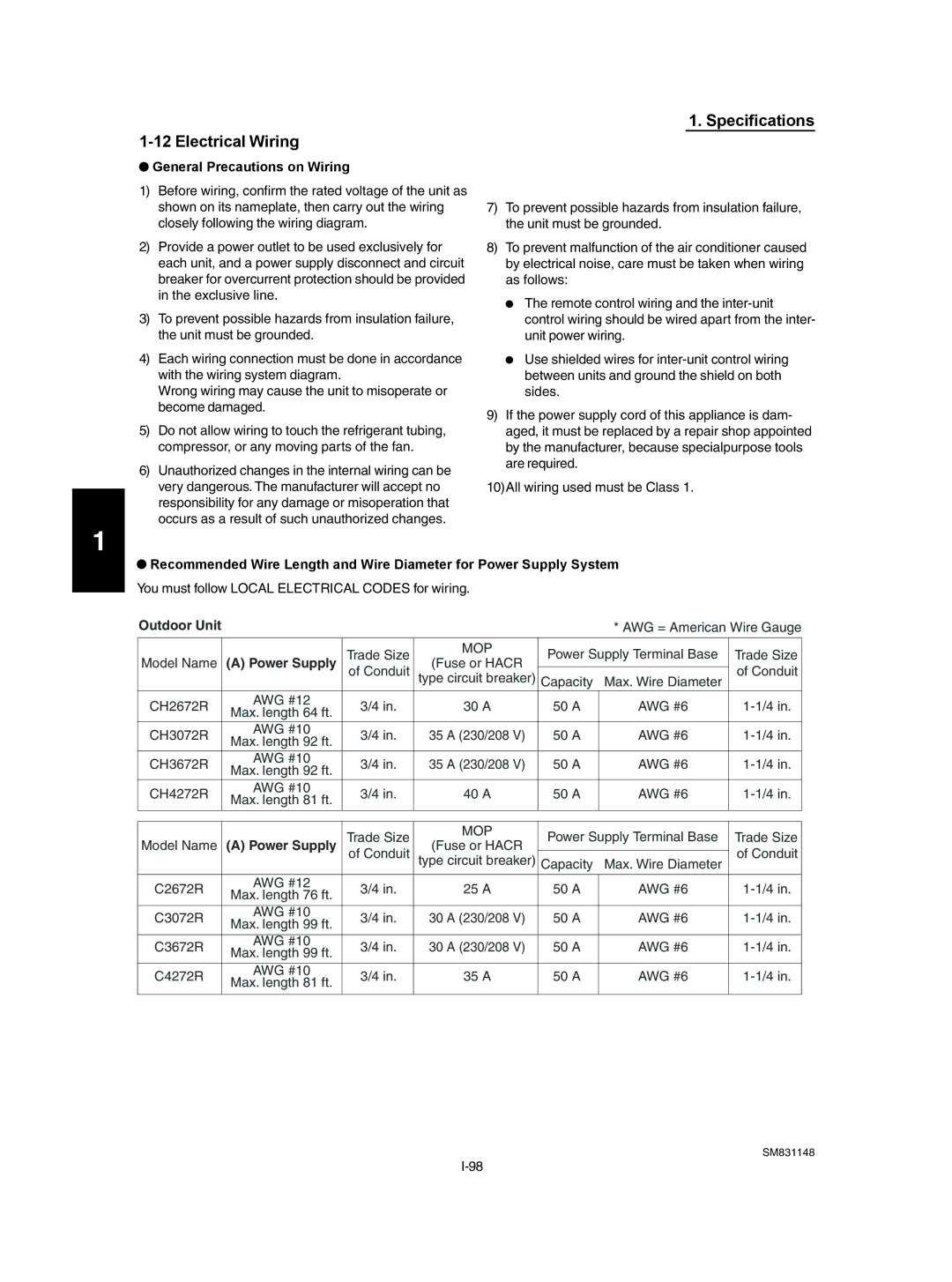 Sanyo UH3672R / CH3672R, XH4272R / C4272R Electrical Wiring, General Precautions on Wiring, Outdoor Unit, Power Supply 