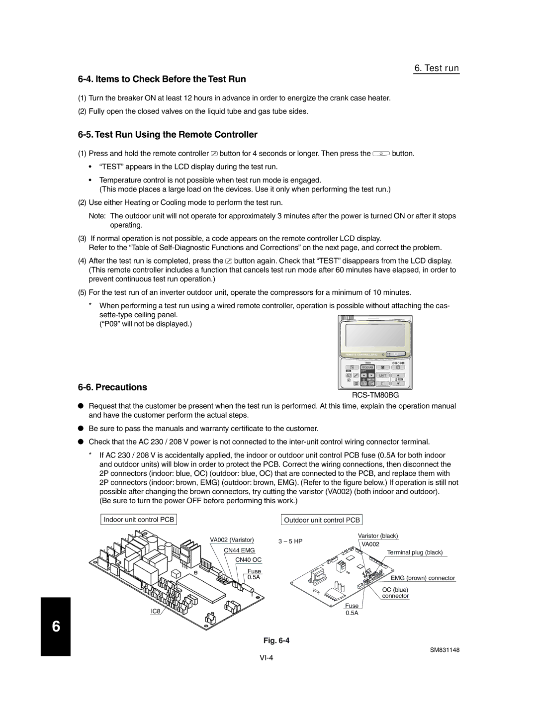 Sanyo UH2672R / C2672R, XH4272R / C4272R, XH2672R Test run Items to Check Before the Test Run, Outdoor unit control PCB 