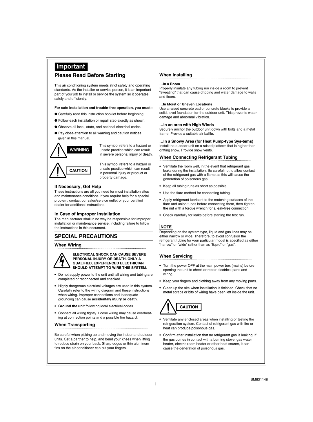 Sanyo UH3672R / CH3672R, UH2672R When Installing, When Connecting Refrigerant Tubing, If Necessary, Get Help, When Wiring 