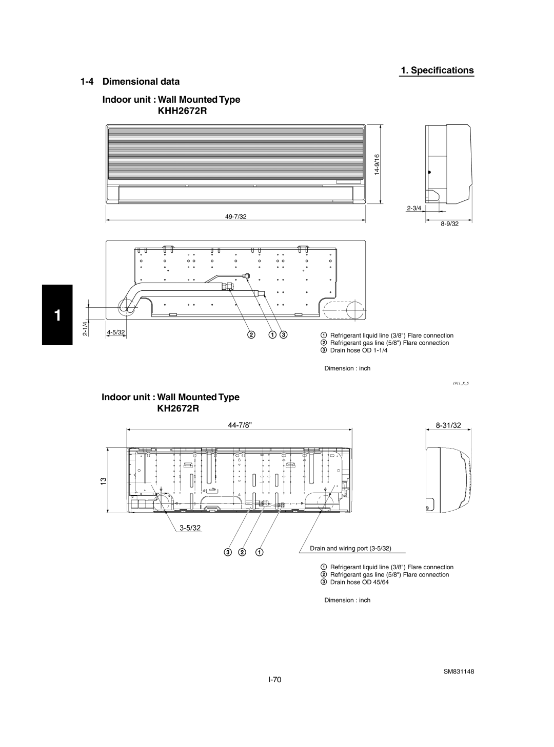 Sanyo XH3672R / CH3672R, XH4272R / C4272R, UH2672R, XH2672R, UH3672R Dimensional data Indoor unit Wall Mounted Type KHH2672R 