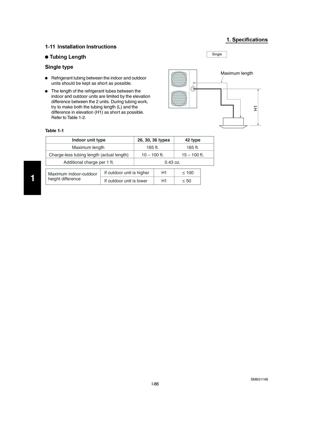 Sanyo XH4272R / C4272R Installation Instructions Tubing Length Single type, Indoor unit type 26, 30, 36 types Type 