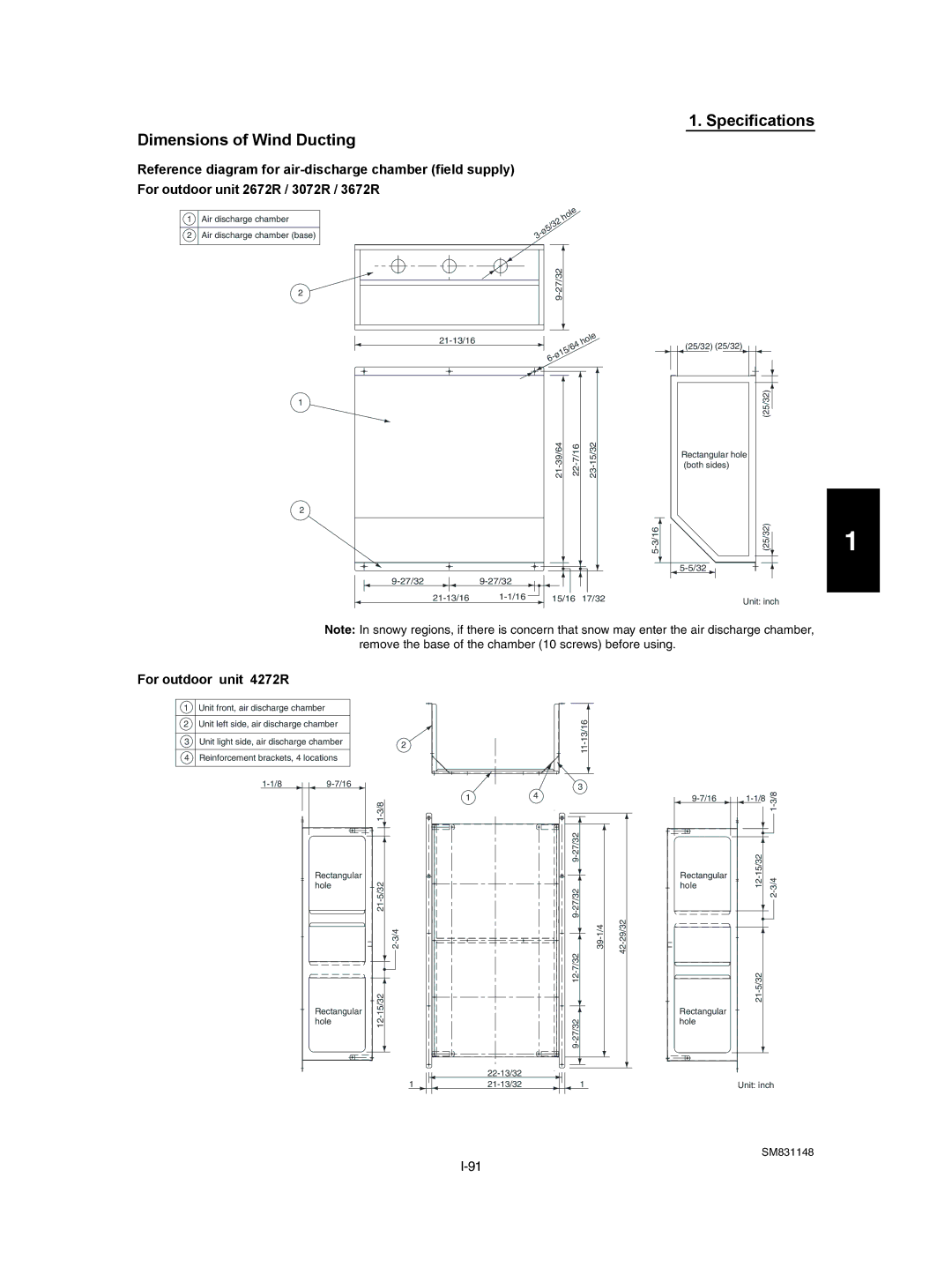 Sanyo KH3672R / C3672R, XH4272R / C4272R, UH2672R, XH2672R Specifications Dimensions of Wind Ducting, For outdoor unit 4272R 