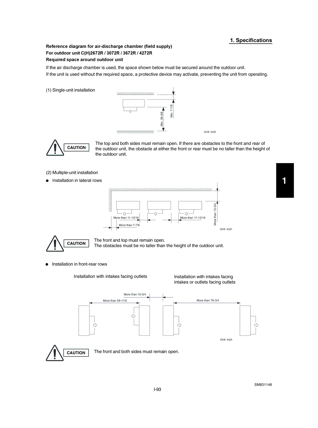 Sanyo KHH2672R / CH2672R, XH4272R / C4272R, UH2672R, XH2672R, UH3672R / CH3672R, XH3672R Front and both sides must remain open 