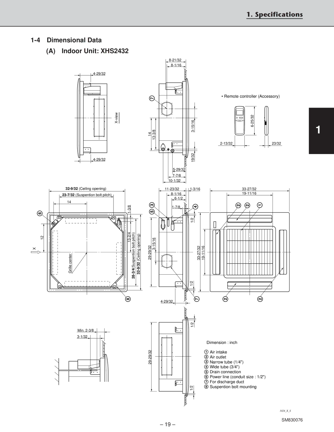 Sanyo CH3632, XHS3632, CH2432 service manual Specifications Dimensional Data Indoor Unit XHS2432 