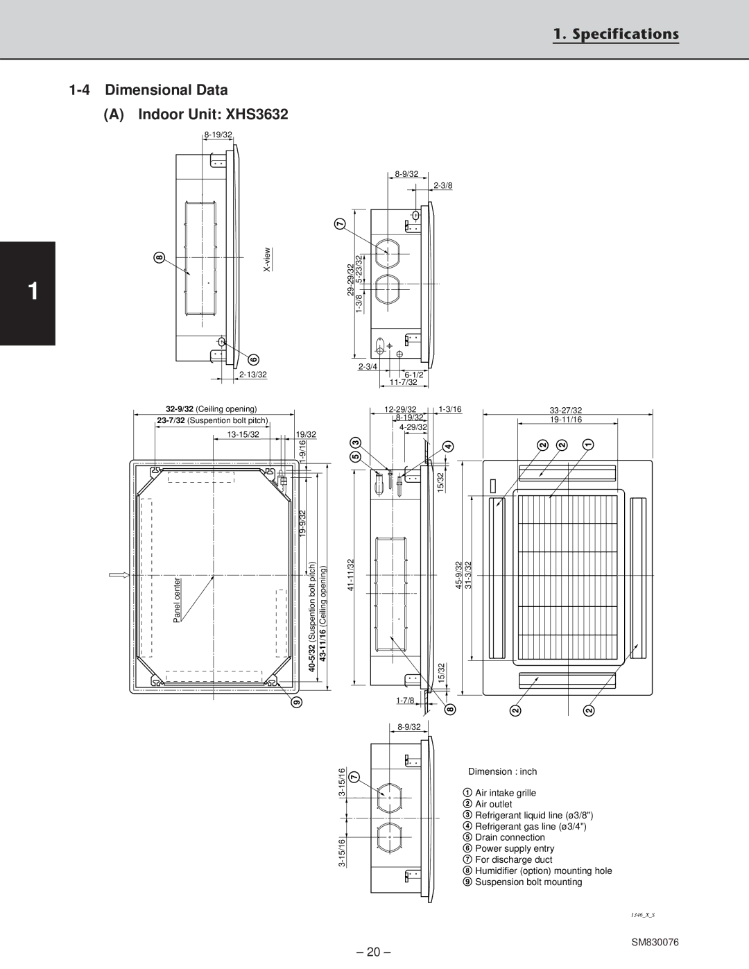 Sanyo XHS2432, CH2432, CH3632 service manual Specifications Dimensional Data Indoor Unit XHS3632 