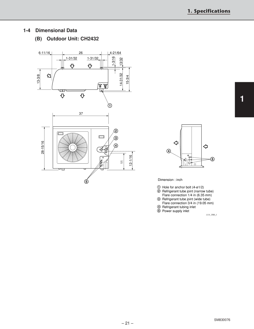 Sanyo XHS2432, XHS3632, CH3632 service manual Dimensional Data Outdoor Unit CH2432, Specifications 