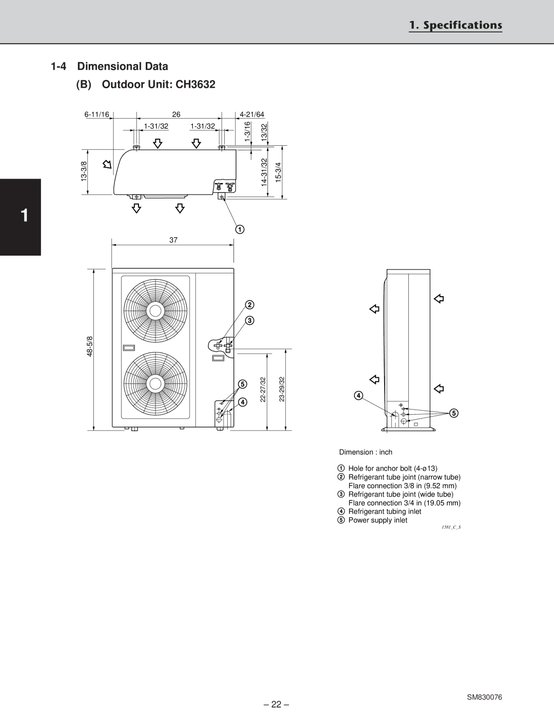 Sanyo CH2432, XHS3632, XHS2432 service manual Specifications Dimensional Data Outdoor Unit CH3632 