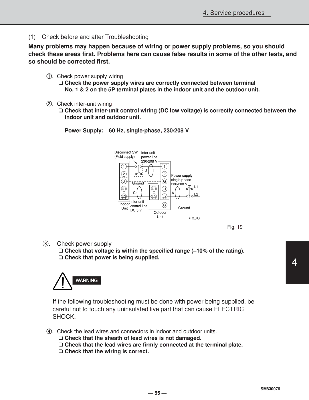 Sanyo CH3632, XHS3632, XHS2432 Service procedures Check before and after Troubleshooting, Check power supply wiring 