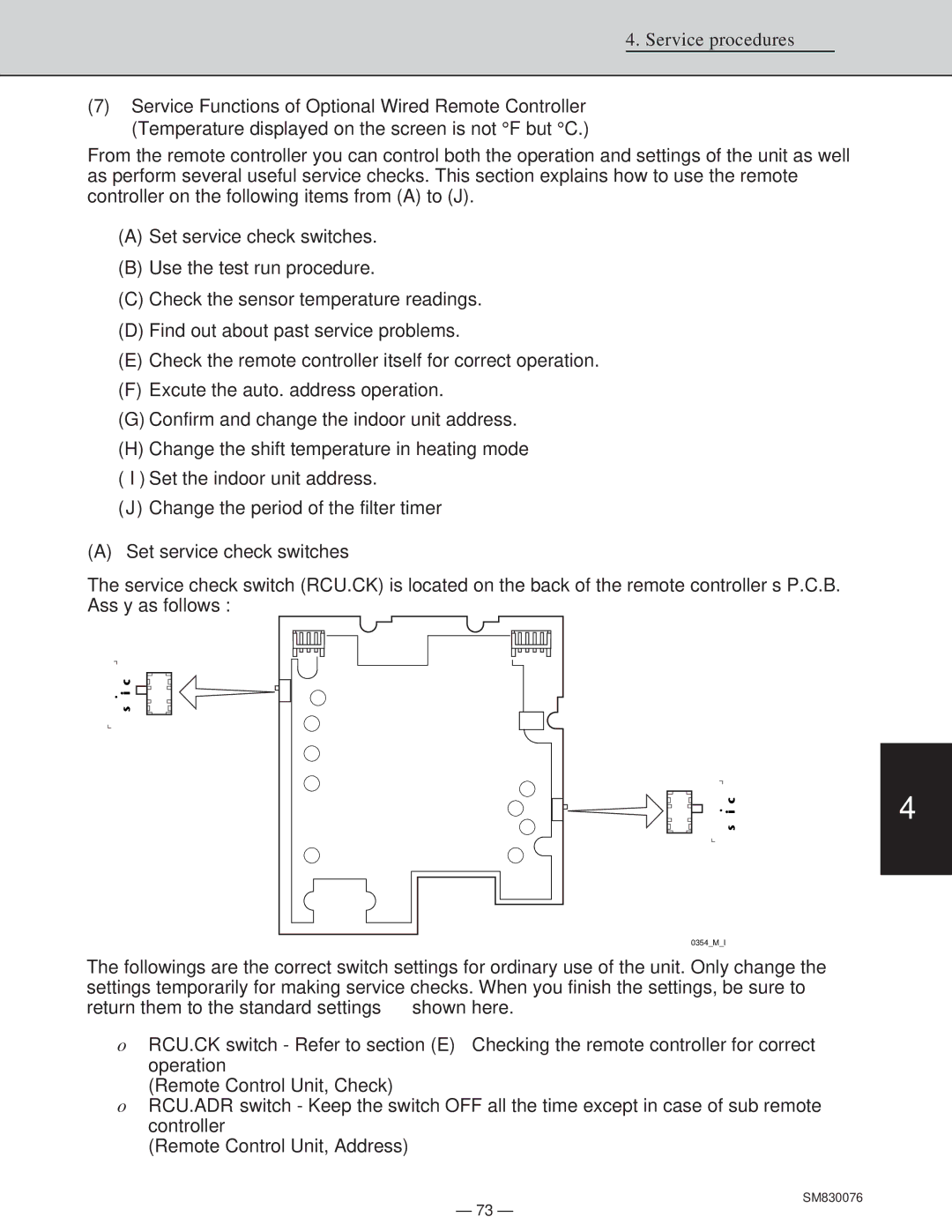 Sanyo XHS2432, XHS3632, CH2432, CH3632 service manual Set service check switches 