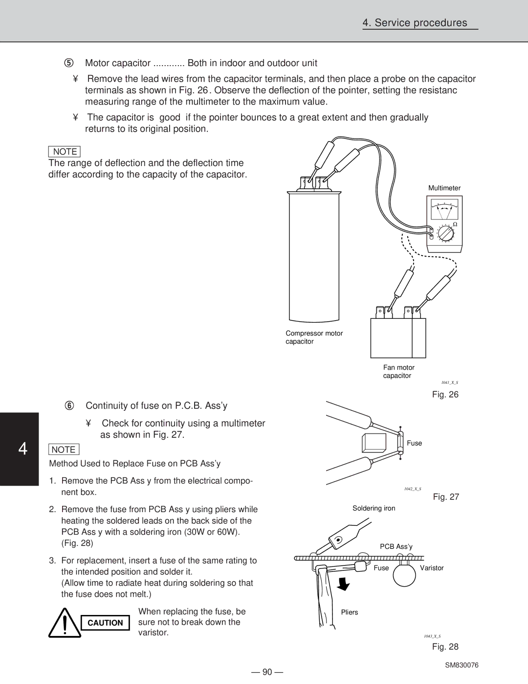 Sanyo CH2432, XHS3632 Motor capacitor ............ Both in indoor and outdoor unit, Continuity of fuse on P.C.B. Ass’y 