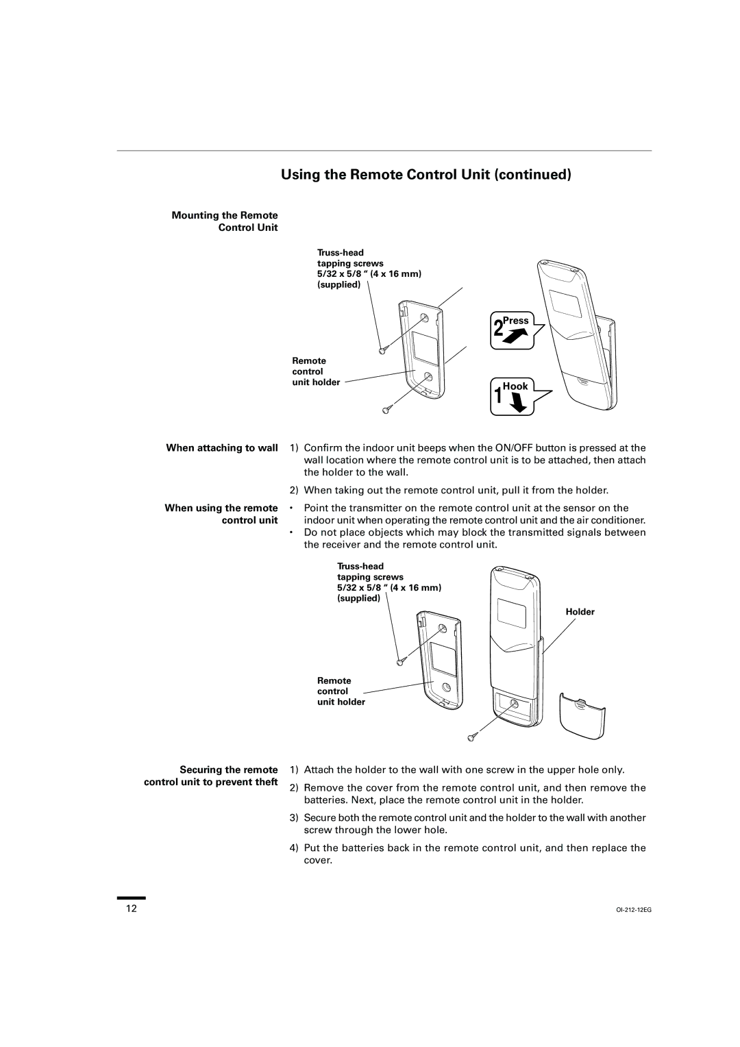 Sanyo THS3632, XHS3632, XHS4232, XHS2432, THS4232 Using the Remote Control Unit, Mounting the Remote Control Unit, Press Hook 