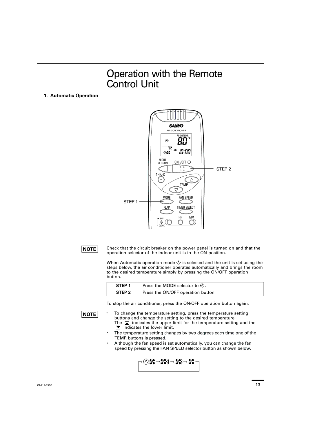 Sanyo THS2432 Operation with the Remote Control Unit, Automatic Operation, Step, Press the ON/OFF operation button 