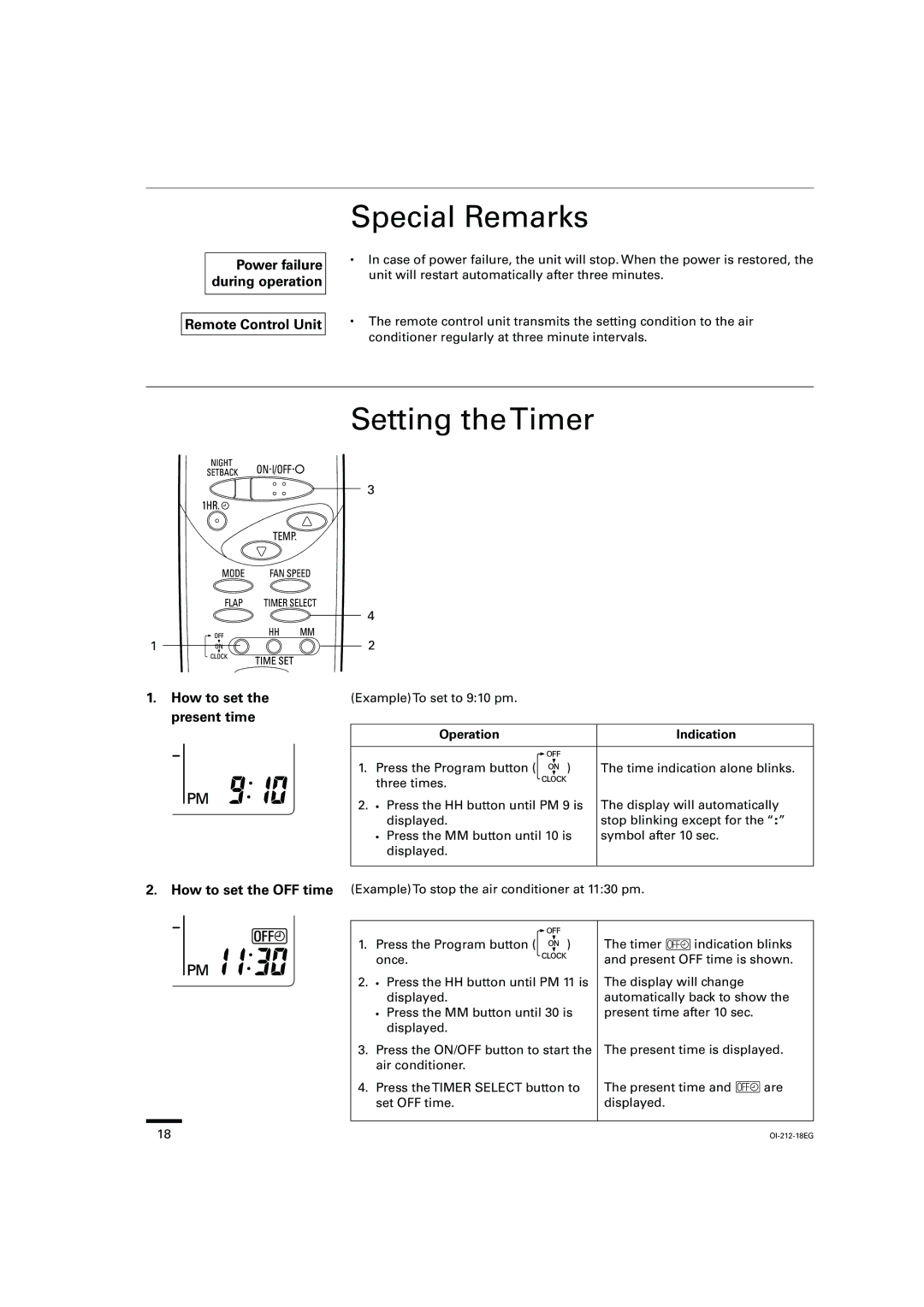 Sanyo XHS2432 Special Remarks, Setting theTimer, Remote Control Unit, How to set the present time, Operation Indication 