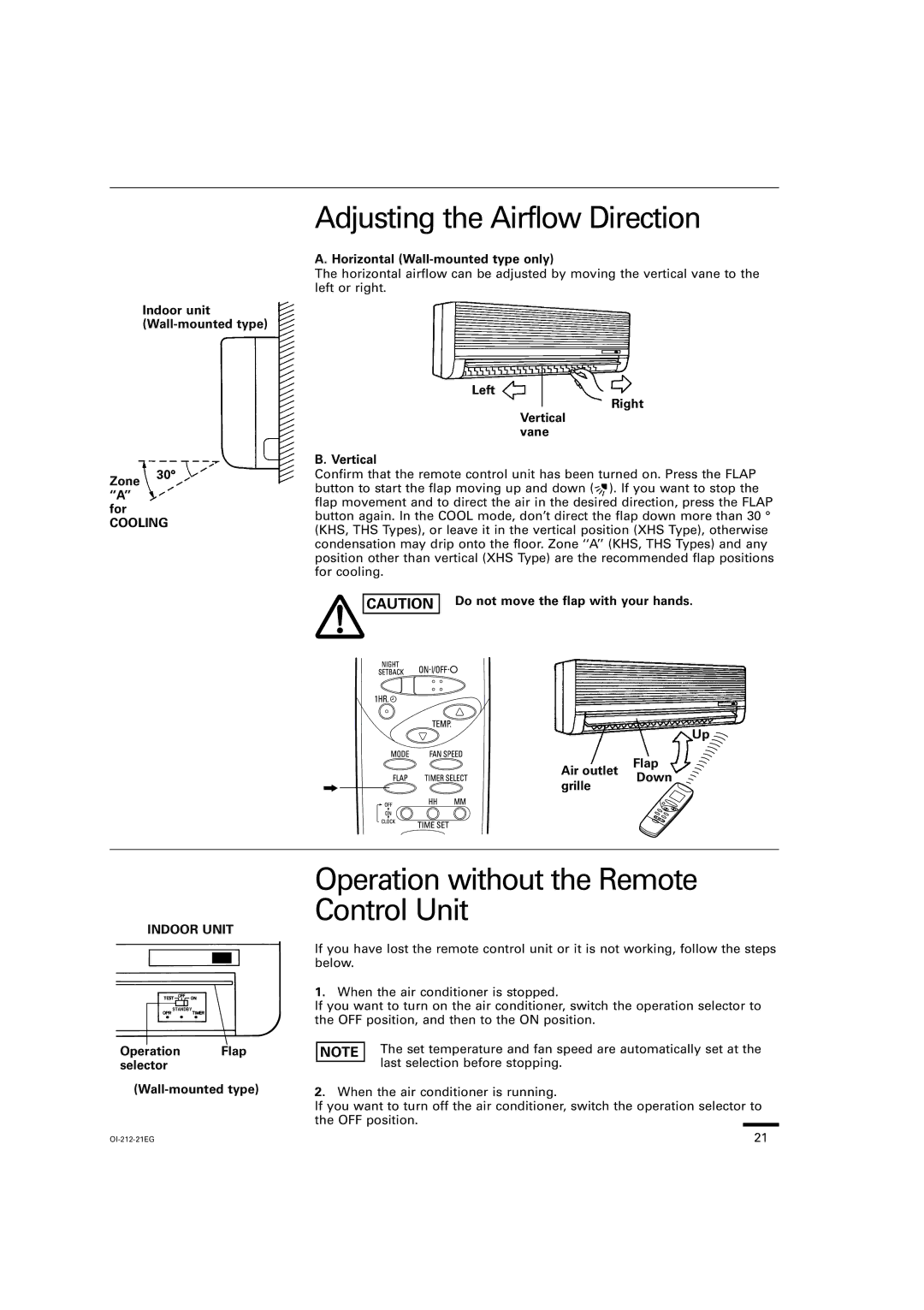 Sanyo THS2432, XHS3632, XHS4232, XHS2432 Adjusting the Airflow Direction, Operation without the Remote Control Unit, Cooling 