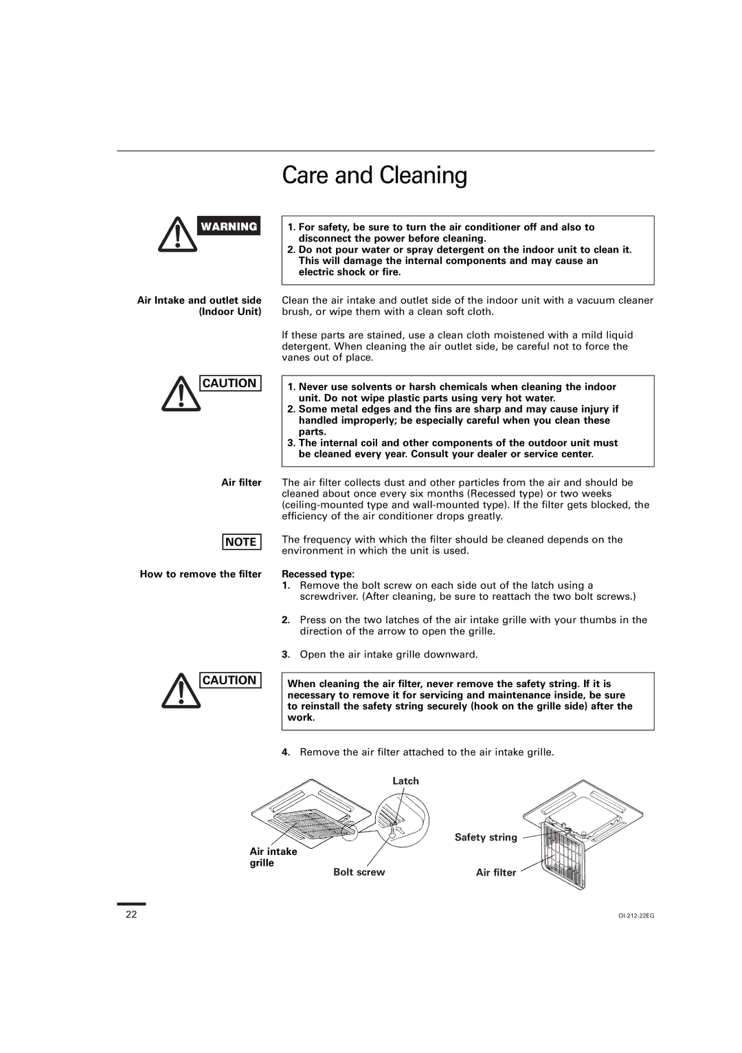 Sanyo KHS3632, XHS3632, XHS4232, XHS2432 Care and Cleaning, Latch Safety string Air intake grille Bolt screw Air filter 