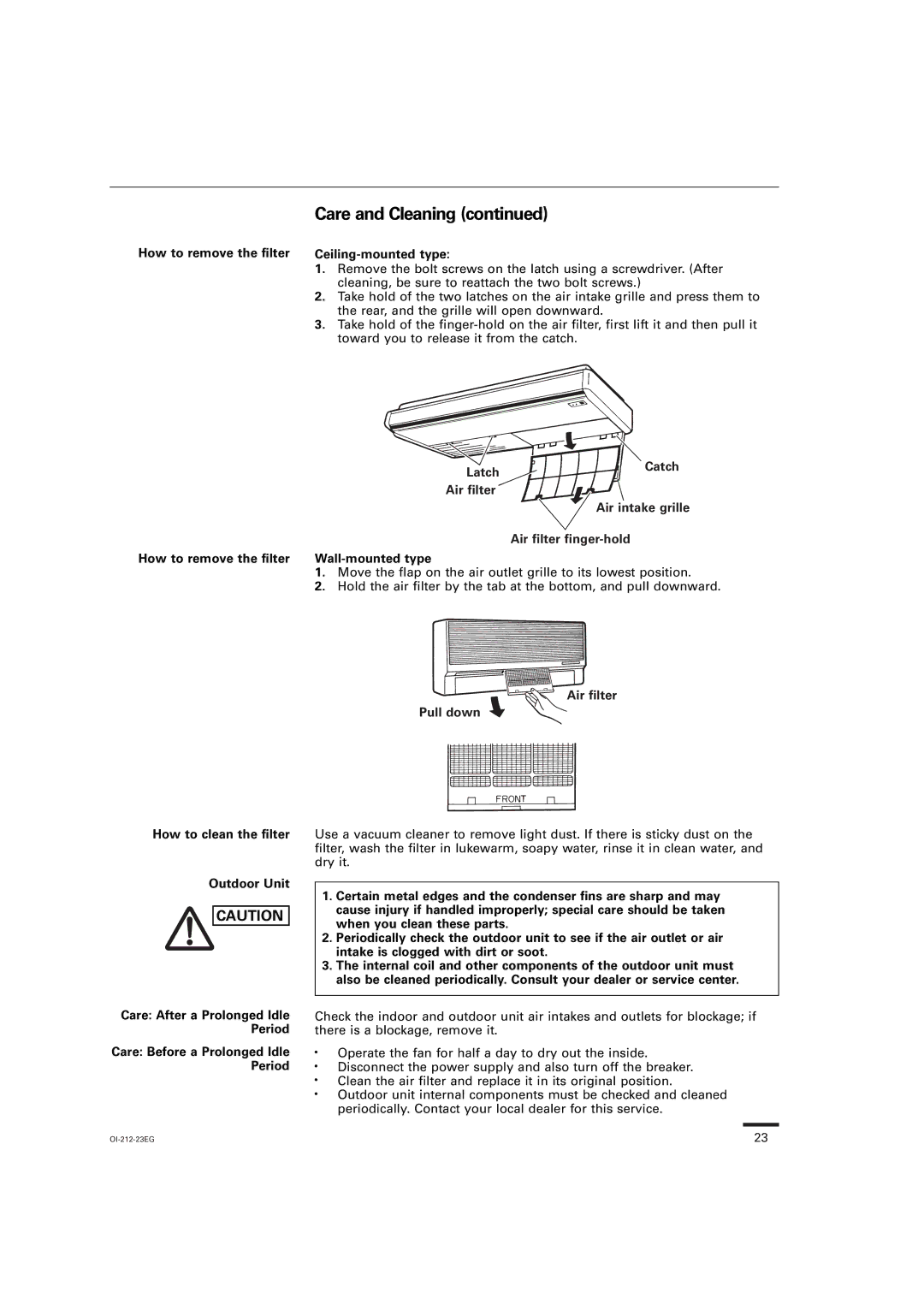 Sanyo KHS2432, XHS3632, XHS4232, XHS2432, THS4232, THS3632 Care and Cleaning, How to remove the filter Ceiling-mounted type 