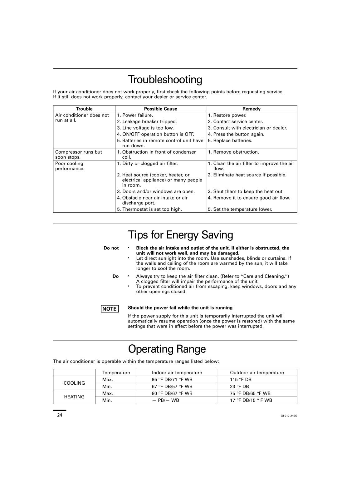 Sanyo XHS3632, XHS4232, XHS2432 Troubleshooting, Tips for Energy Saving, Operating Range, Trouble Possible Cause Remedy 