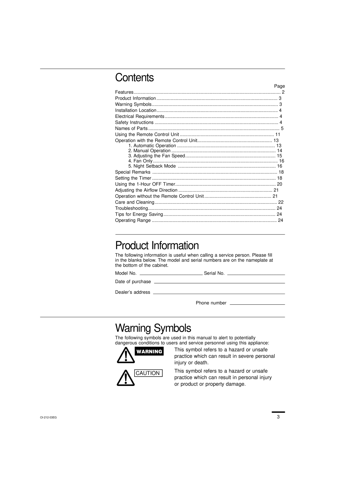 Sanyo THS4232, XHS3632, XHS4232, XHS2432, THS3632, THS2432, KHS3632, KHS2432 instruction manual Contents, Product Information 